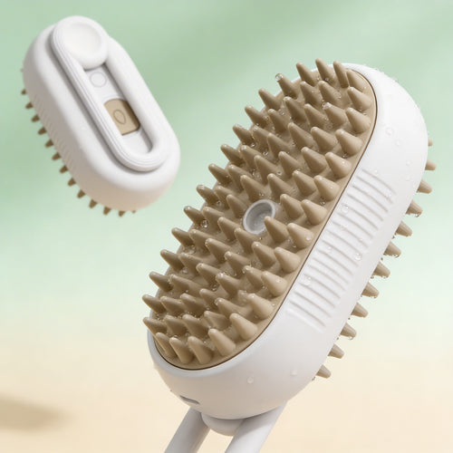 3-in-1 Self-Cleaning Pet Grooming Brush with Steam Spray, the best brush for dog shedding, featuring a textured design for effective grooming.