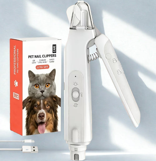 Pet nail clippers with a USB cable and packaging featuring images of a cat and a dog on a light blue background.