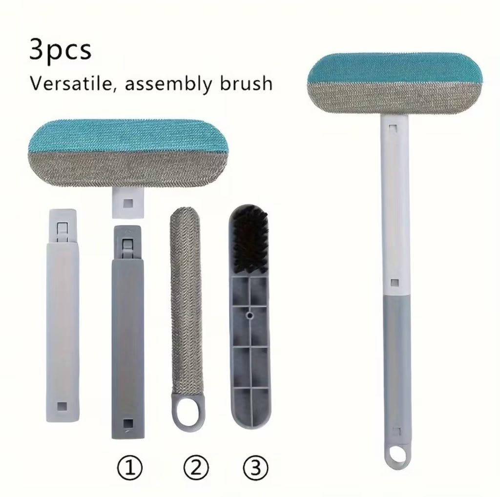 Set of three versatile assembly brushes with different bristle designs on a white background.