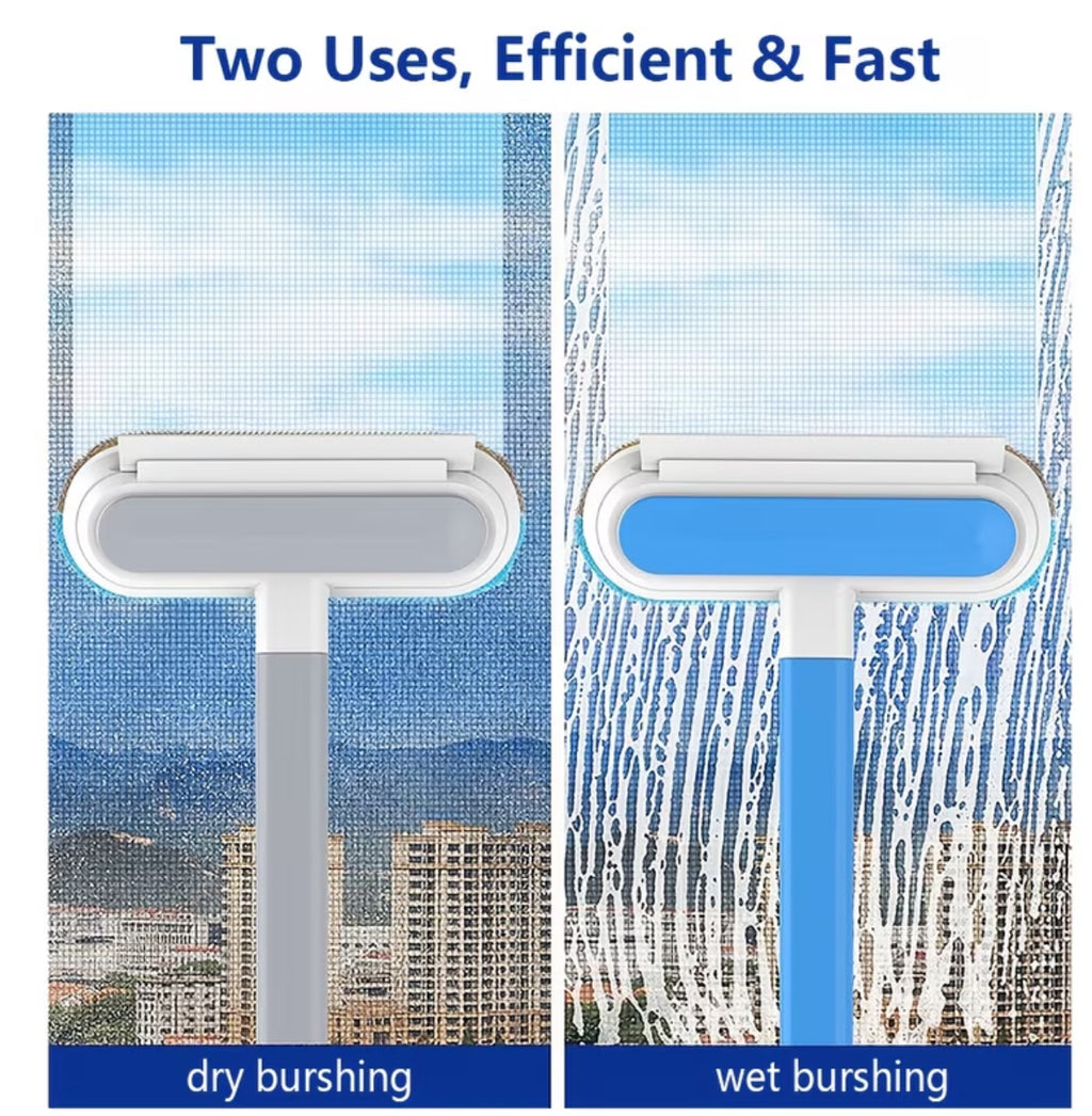 Window cleaning tool with dry and wet brushing methods shown against a cityscape background.