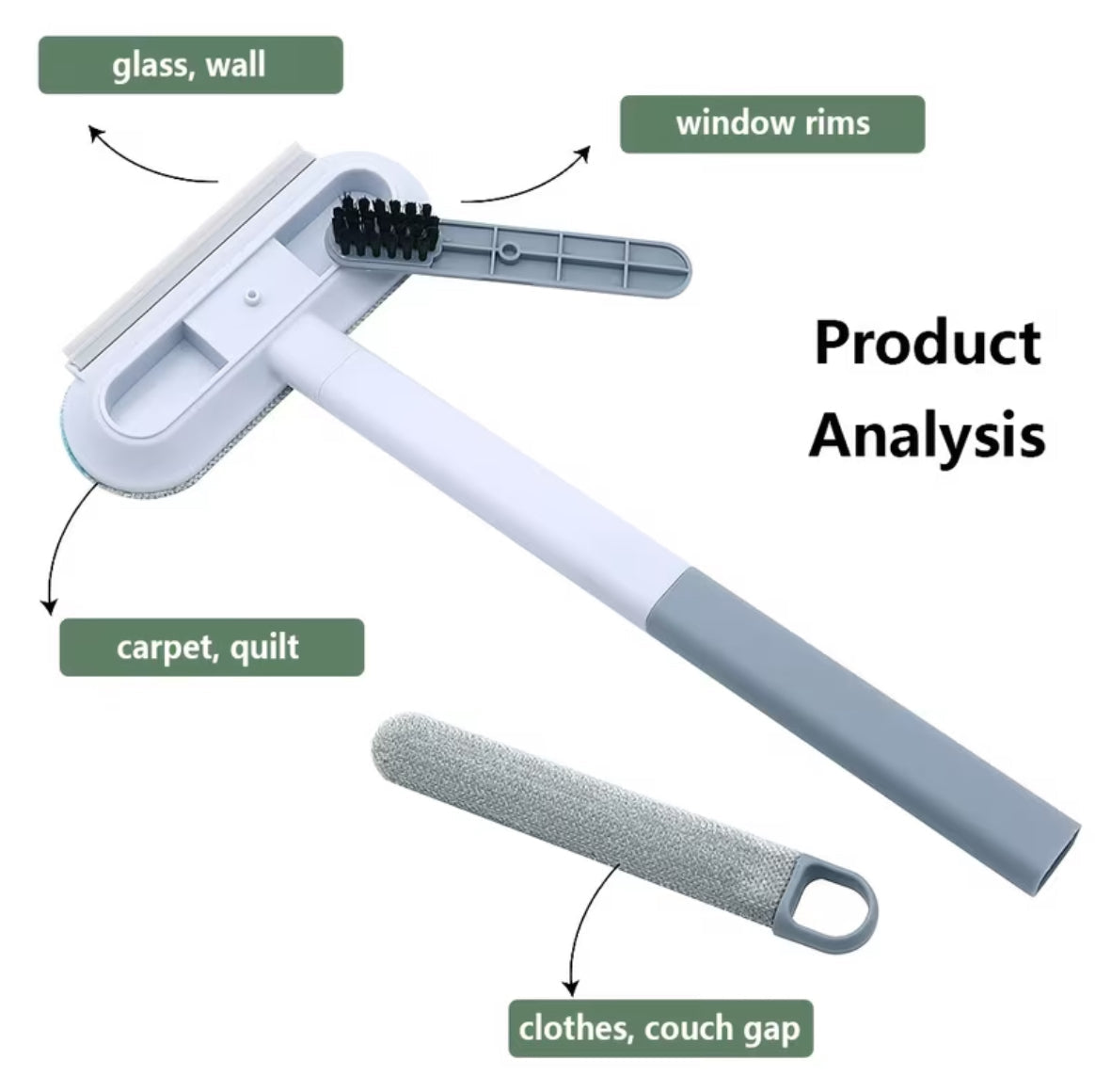 Cleaning tool with squeegee, brush, and scrubber on a white background