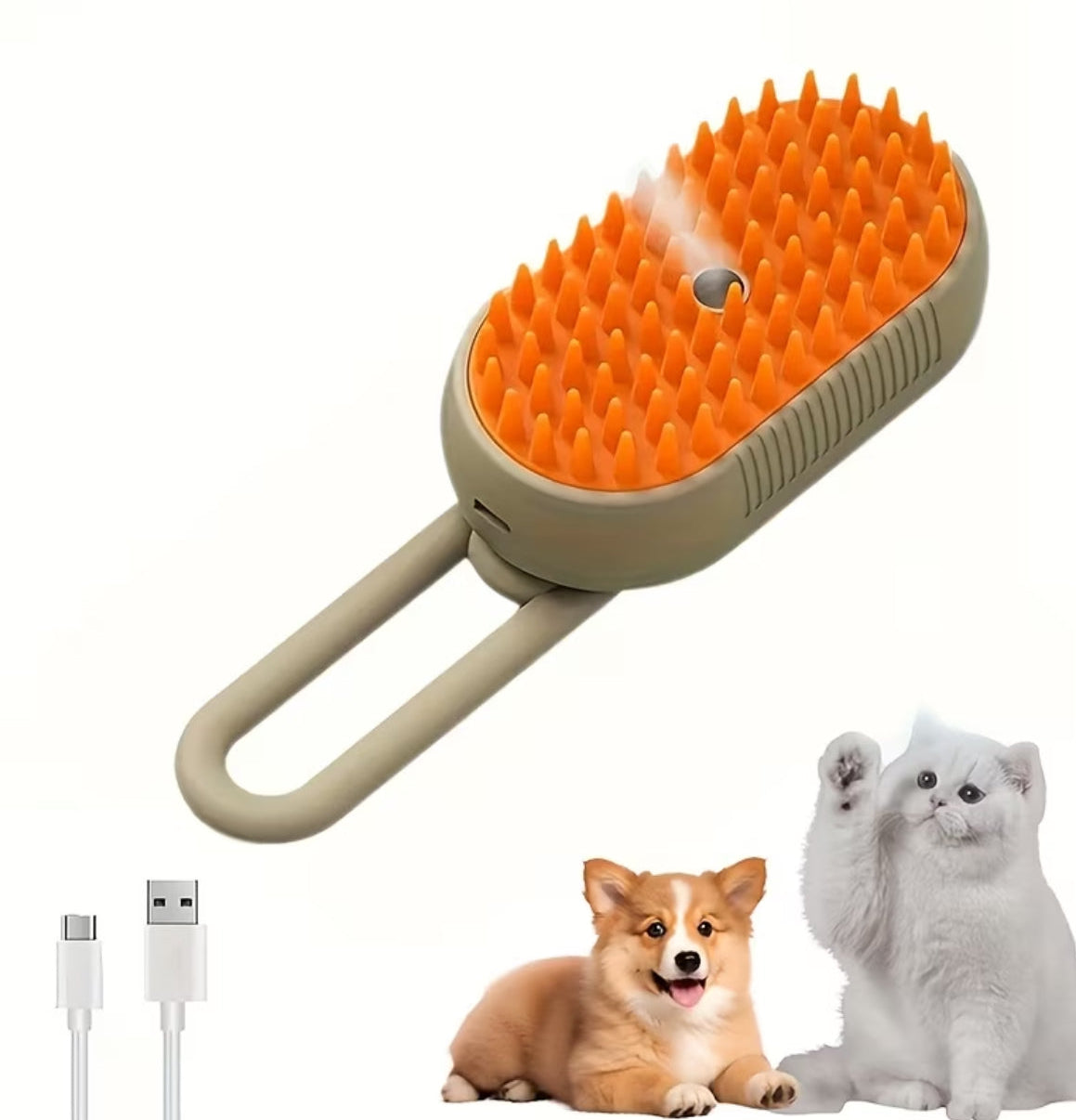 Pet grooming brush with orange bristles and USB cable, featuring a dog and cat on a white background.