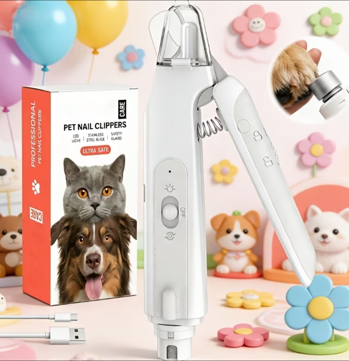 Pet nail clippers with a box featuring images of a cat and a dog on a colorful background.