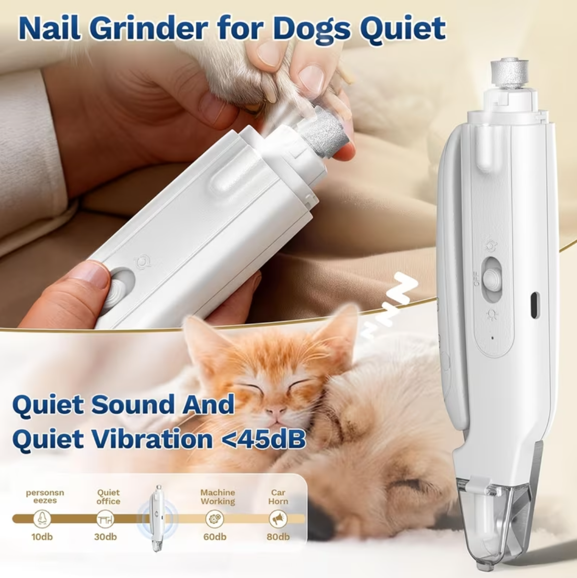 Nail grinder for dogs with a cat in the background, emphasizing quiet operation.