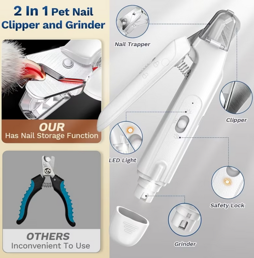 2-in-1 pet nail clipper and grinder with features highlighted on a gray background