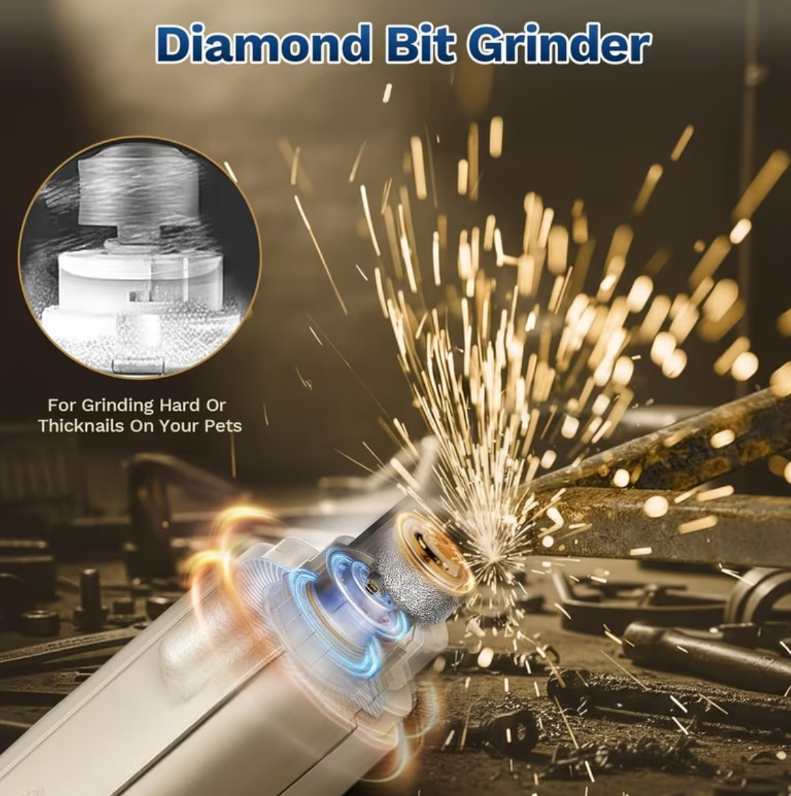 Diamond bit grinder with sparks and text indicating use for pet nail grinding.