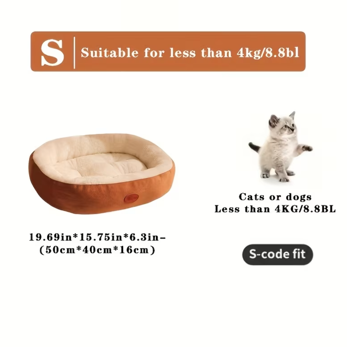 Pet bed suitable for cats or dogs weighing less than 4kg, with dimensions displayed.