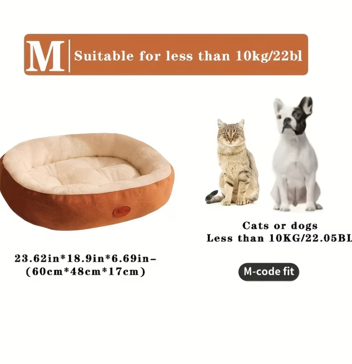 Pet bed suitable for cats or dogs weighing less than 10kg, with dimensions and fit information displayed.