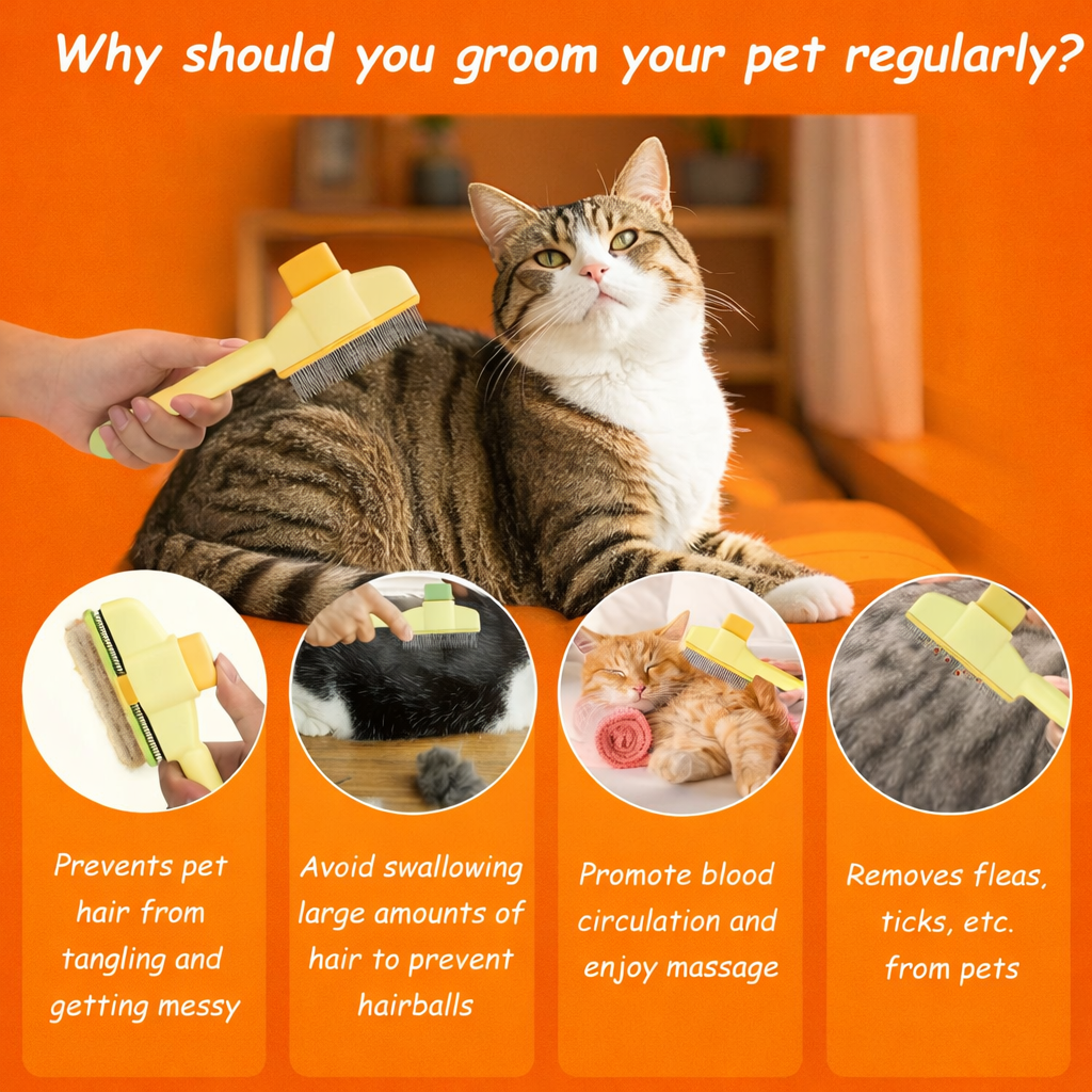 Pet hair removal comb promoting regular grooming, benefits include preventing tangles and massages for pets.